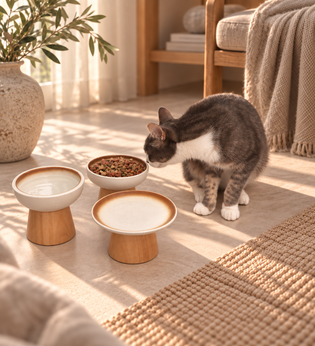 Chat gris et blanc devant un trio de gamelles pour chat en céramique sur bases en bois massif
