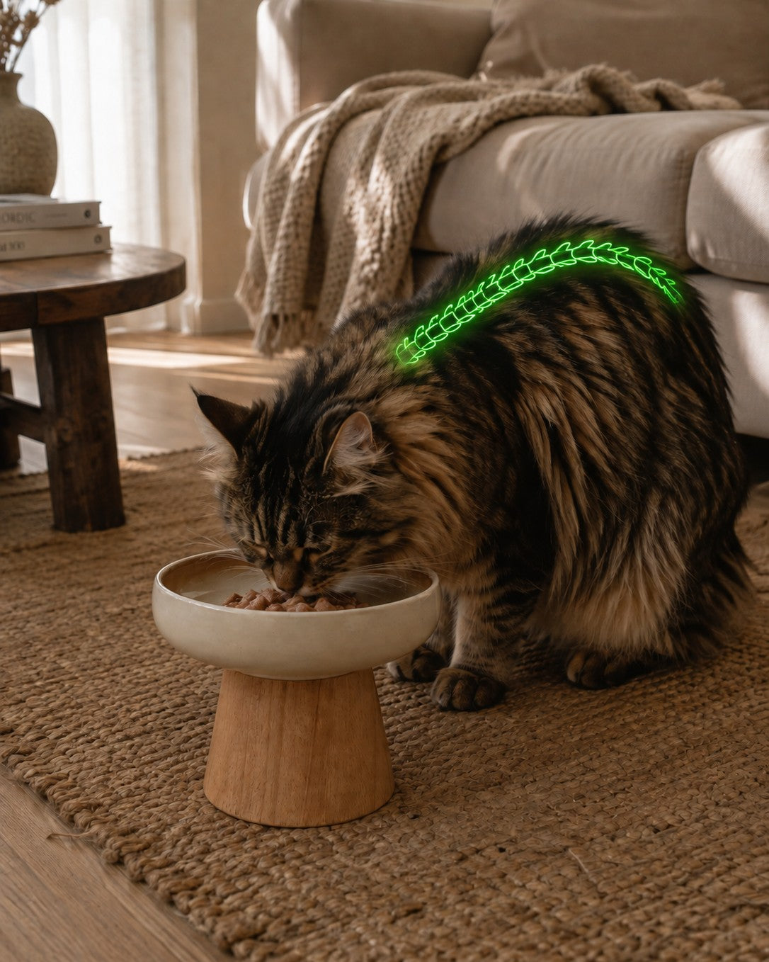 Gamelle surélevée pour chat en céramique sur base en bois massif comparée à une gamelle classique posée au sol