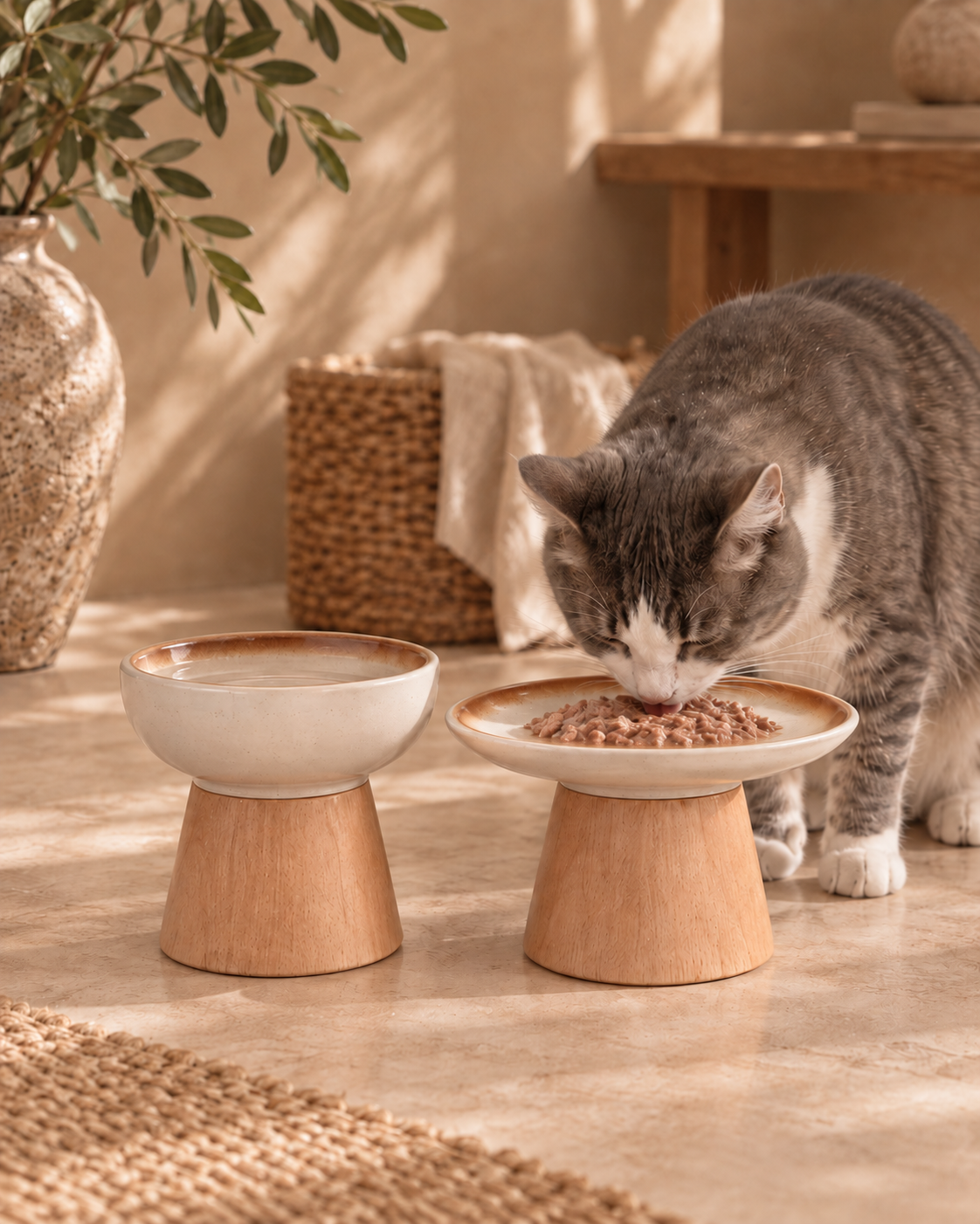 Deux gamelles pour chat en céramique sur socles en bois massif dans un coin repas