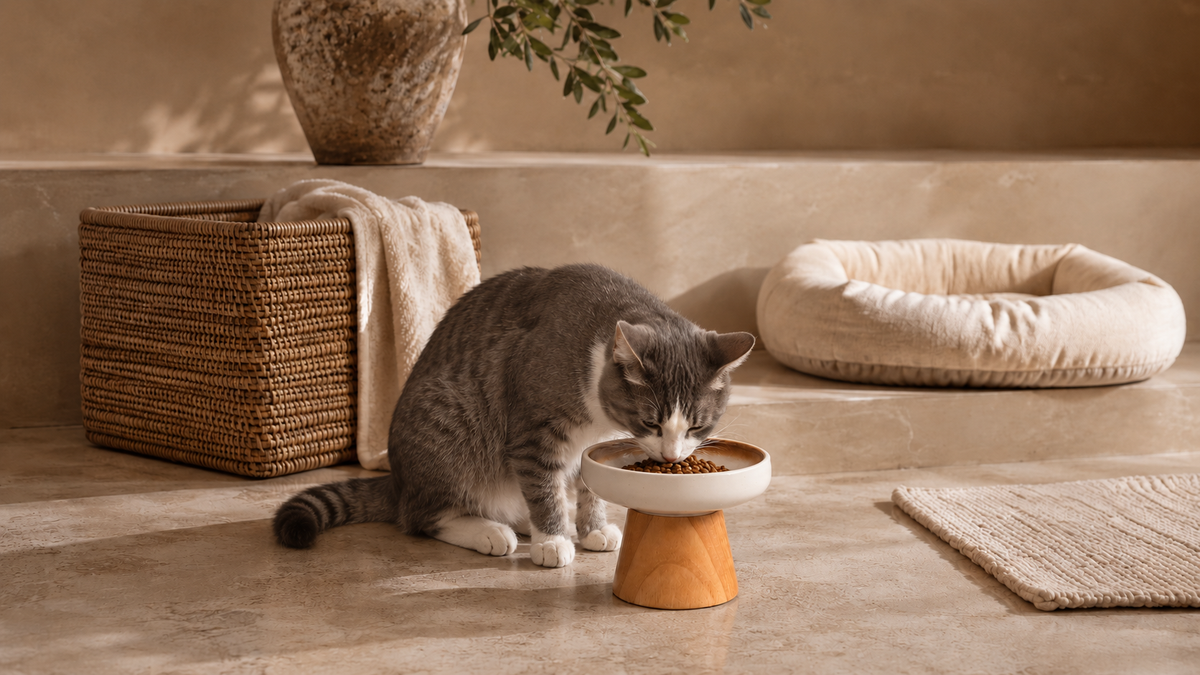 Chat gris qui mange au calme dans sa gamelle pour chat en céramique sur base en bois massif