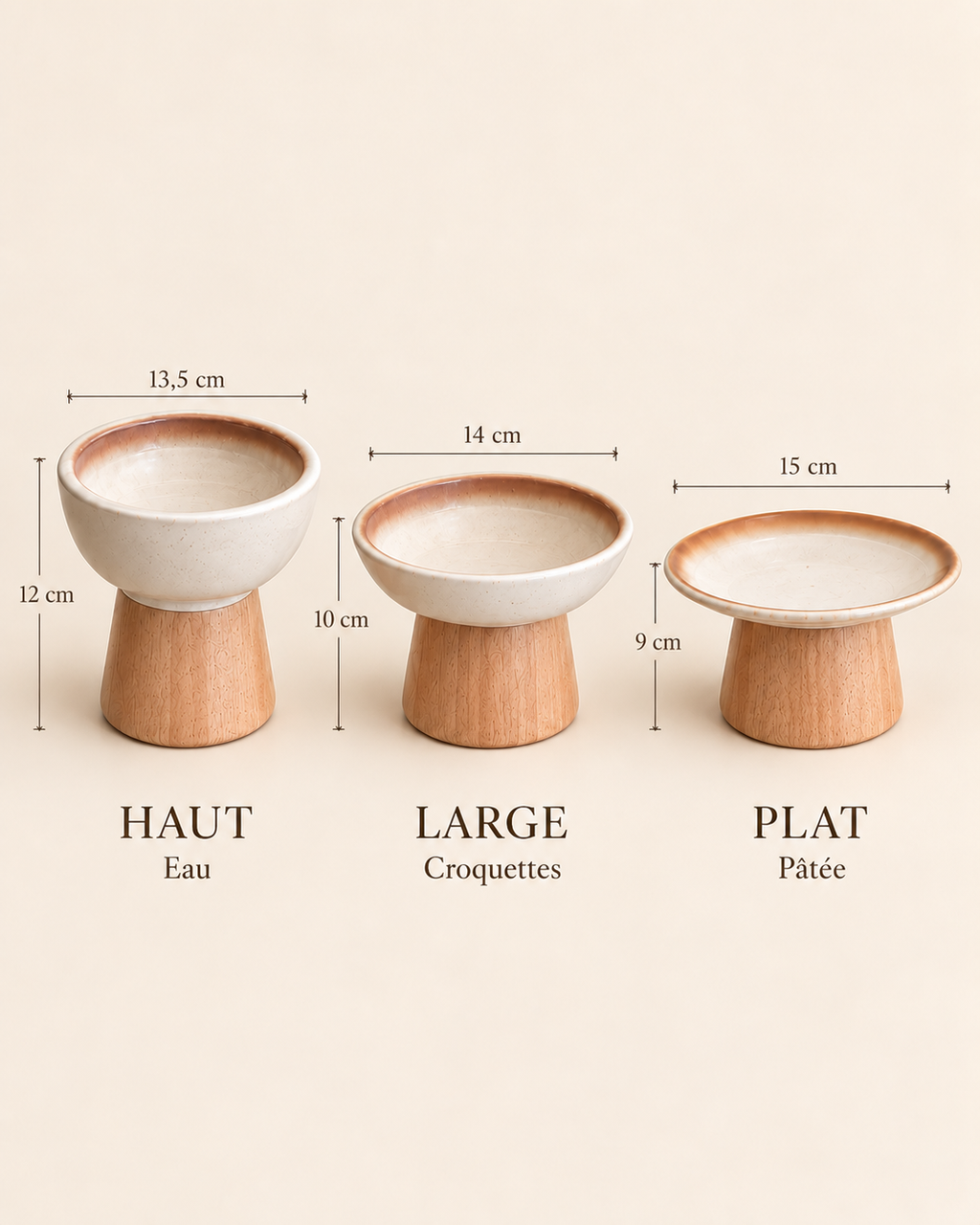 Caractéristiques de la gamelle surélevée Ameloa : base large et stable, bol amovible en céramique émaillée, socle en bois massif