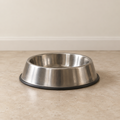 Gamelle pour chat en inox posée au sol