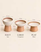 Caractéristiques des gamelles surélevées Ameloa : base large et stable, bol amovible en céramique émaillée, socle en bois massif