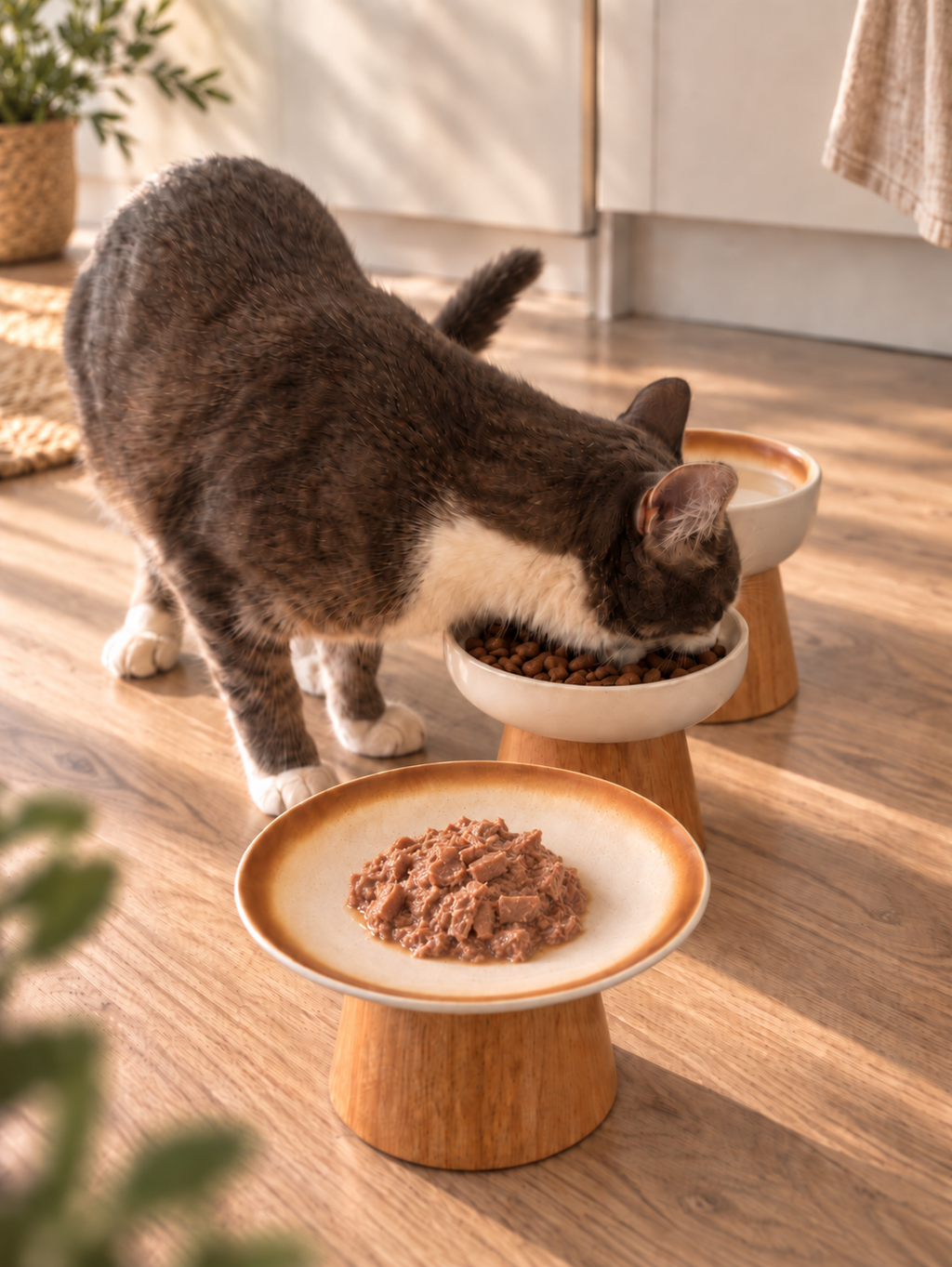 Trio de gamelles surélevées pour chat Ameloa, modèles Haut, Large et Plat en céramique et bois massif
